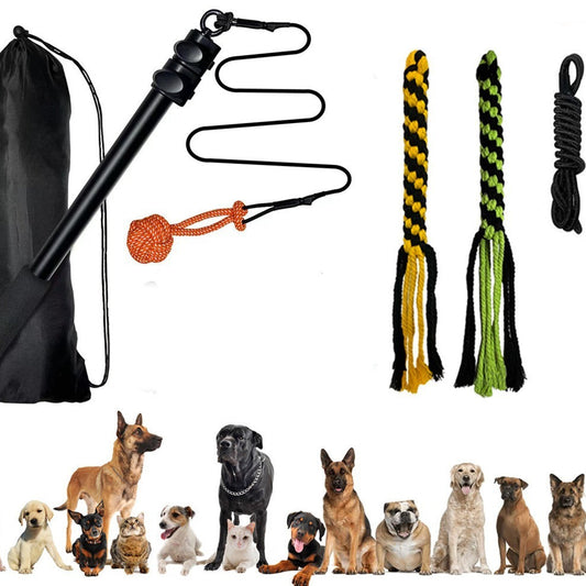 HKM-402515 Telescopic Dog Teasing Rod with Ropes and Ball - 102cm Black Aluminum Alloy Pet Toy
