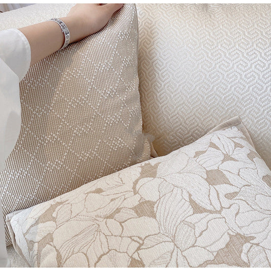 HKM-409043 French Magnolia Cushion Cover - Elegant 45x45cm Pillow Case in Champagne Embossed, Log Wind Rhombus, Cloud Texture, and White Fox Hair Designs