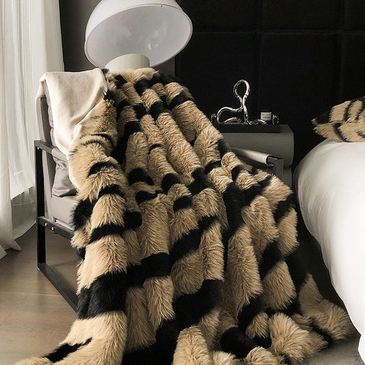 HKM-420499 Geometric Pattern Rabbit Wool Velvet Blanket and Pillow Set - Multiple Sizes and Colors Available