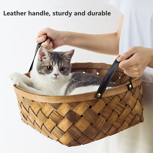 HKM-421139 Bamboo Rattan Cat and Dog Bed House with High Resilience Cushion, Summer Pet Tent Nest