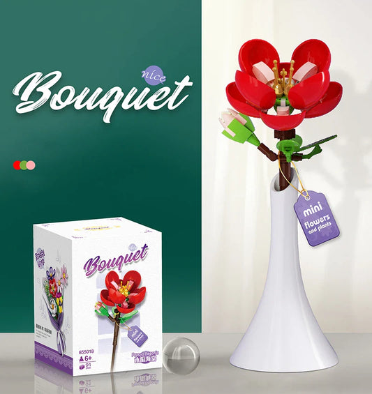 HKM-424211 Single Flower Building Block Toy for Girls - DIY Floral Assembly Kit, Educational Plastic Craft 8+ Years