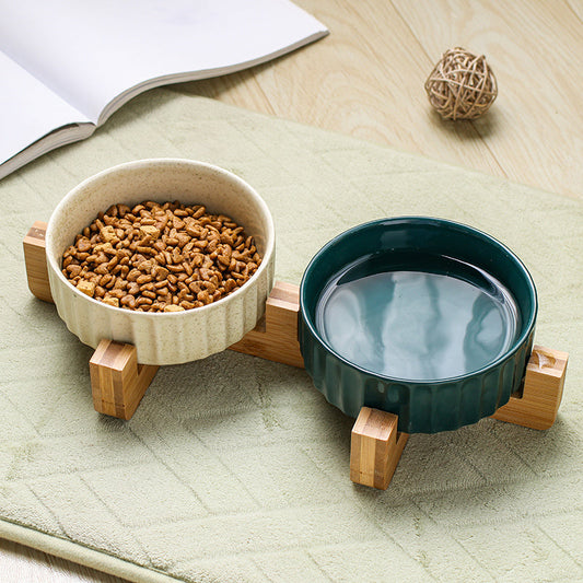 HKM-426963 Ceramic Anti-Tip Pet Bowl with Wooden Frame Options for Cervical Vertebrae Protection