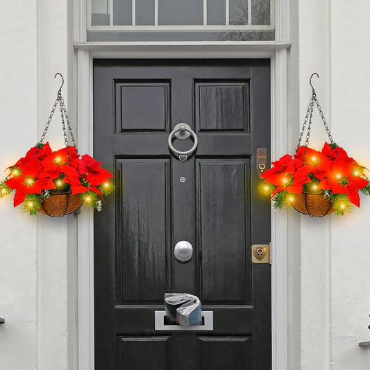 HKM-430035 Red Christmas Flower Hanging Basket for Wall or Door Decorations