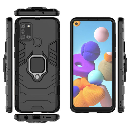 HKM-433939 Samsung A21S Compatible Steel Ring Bracket Phone Case in Pure Black, Blue-Black, and Wine Red