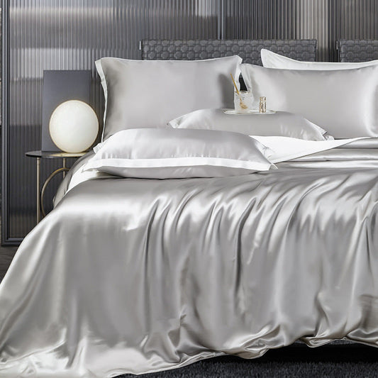 HKM-434835 Double-Sided Real Silk Four-Piece Quilt Cover Set in Solid Colors for Various Bed Sizes