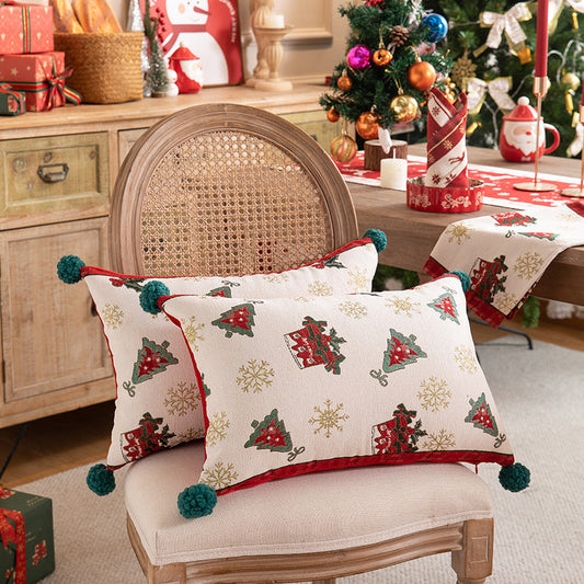 HKM-436947 Yarn-Dyed Jacquard Christmas Tree Pillow Cover with Elk and Snowflake Design, 30x50cm