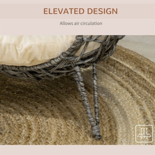 HKM-437139 Rattan Elevated Cat Bed House with Removable Cushion - Silver-Tone and Grey, Ball-Shaped Design