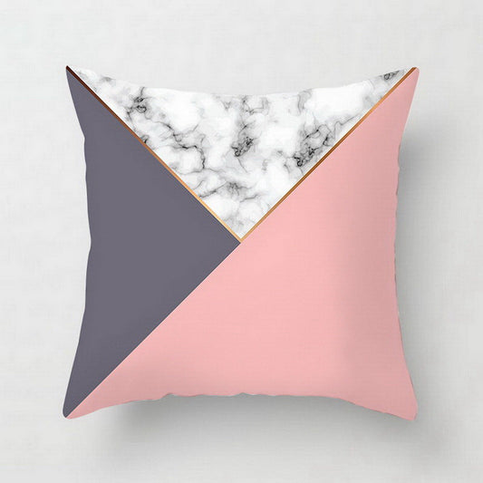HKM-438675 Nordic Pink Geometric Abstract Decorative Pillowcase with Marble Pattern and Floral Design - 45cm x 45cm
