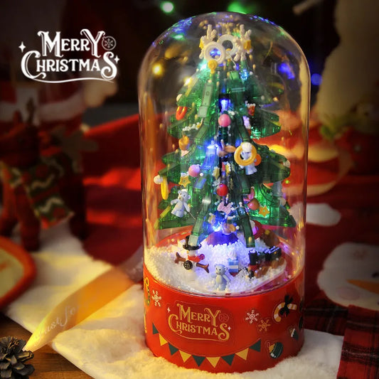 HKM-440275 DIY Christmas Tree Building Blocks Music Box with Lights and Snowflake Effect