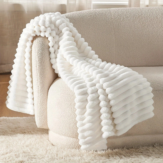 HKM-440339 Super Soft Modern Strip Pattern Polyester Fiber Sofa Blanket - Versatile for All Seasons, Available in White and Pink