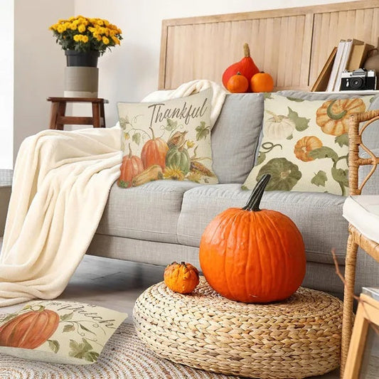 HKM-443859 Fall-Themed 4-Pack Linen Throw Pillow Covers, 18x18 Inch Watercolor Design