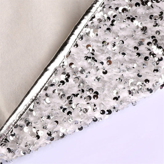 HKM-446483 Silver White Sequin Tree Skirt with Bead Cloth and Non-Woven Fabric - 61cm Upper Diameter, 77cm Lower Diameter, 26cm Height