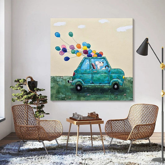 HKM-450579 Cute Cartoon Dog with Balloon Handmade Oil Painting Canvas Wall Art for Children's Room Decor