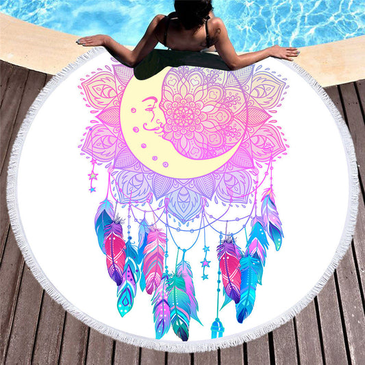 HKM-451219 Microfiber Round Beach Towel with Fringed Edge and Eco-Friendly Printing, 150cm