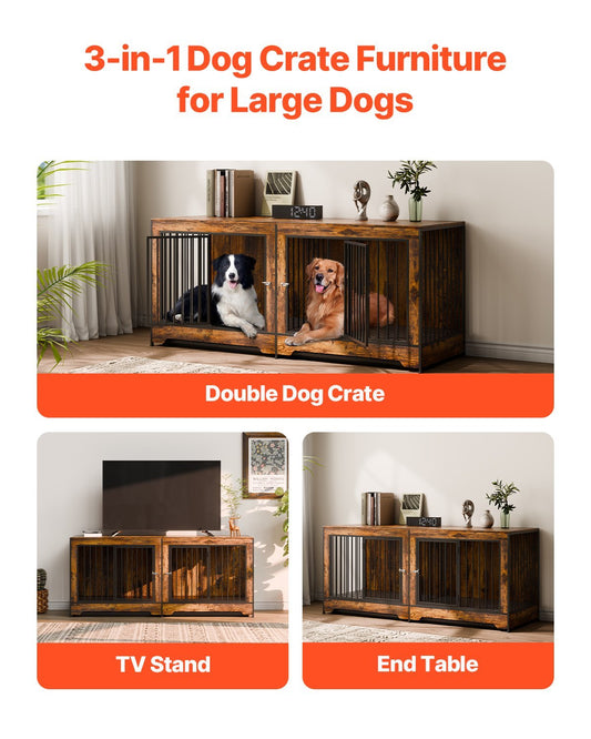 HKM-456915 Extra Large Wooden Dog Crate Furniture with Divider and Dual Doors for Two Dogs, Ideal for Medium to Large Breeds, Brown