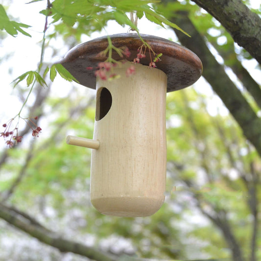 HKM-459795 Mushroom-Shaped Wooden Hummingbird Feeder Pendant in Beech Wood