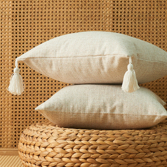 HKM-466899 Japanese Cotton and Linen Tassel Pillowcase - 45x45cm Square Cushion Cover in Various Colors