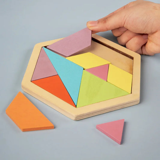 HKM-471059 Wooden Geometry Tangram Puzzle - Educational Brain Teaser Toy for Kids Ages 2 to 14