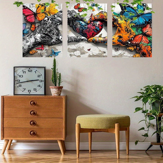 HKM-475603 Framed 3pcs Love Heart Graffiti Canvas Wall Art Set for Living and Dining Room Decor