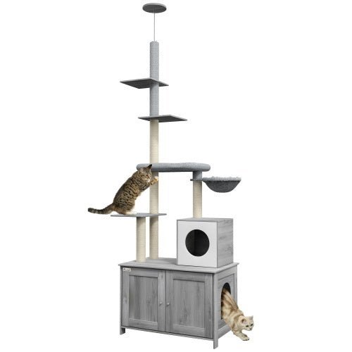 HKM-475667 Gray Cat Tree with Litter Box Enclosure, Adjustable Floor-to-Ceiling Cat Tower with Condo, Hammock, and Scratching Posts