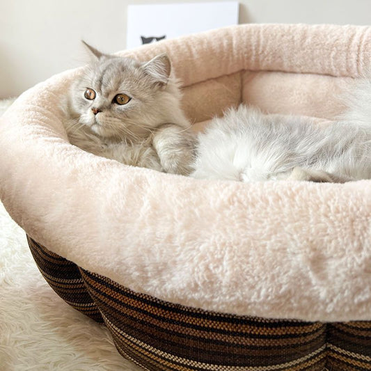 HKM-475795 Indoor Semi-Closed Pet Bed in Striped Linen with Multiple Size Options