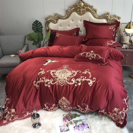 HKM-476499 Four-Piece Wedding Bedding Set with Red Embroidery Design in Various Colors