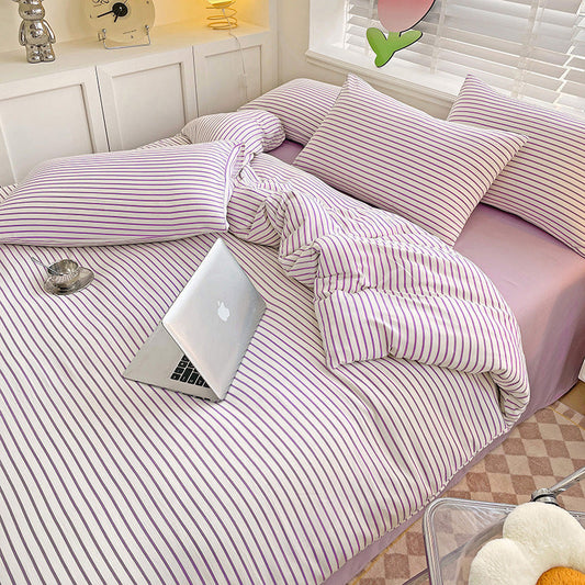 HKM-476819 Double-Layer Striped Cotton and Linen Bedding Set - Multiple Sizes Available