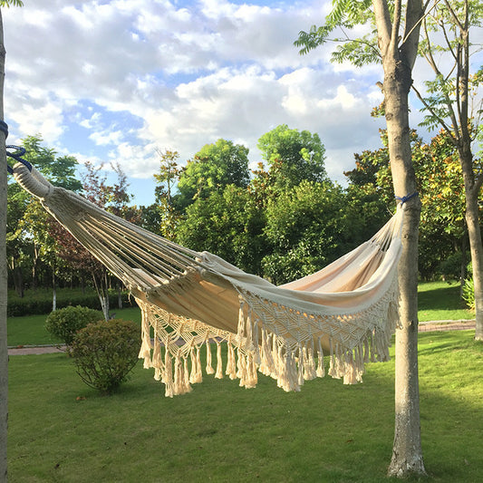 HKM-486419 Double Cotton Hammock with Tassels - Nordic Bohemian Style for Indoor & Outdoor Use, 200 cm x 150 cm, 200 kg Capacity