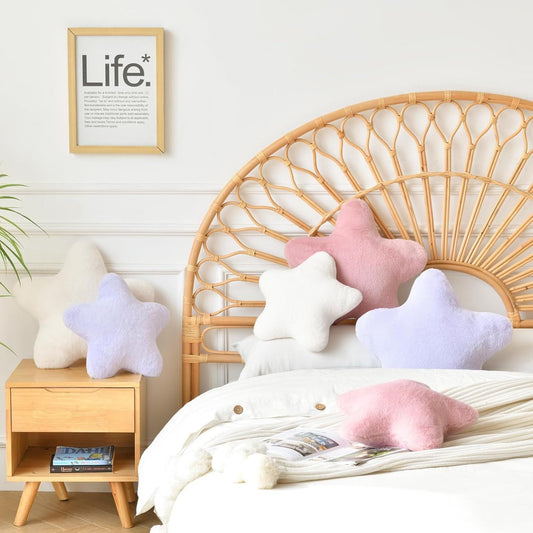 HKM-506259 Star Shaped Decorative Throw Pillow, 15in Soft Faux Rabbit Fur Plush Cushion for Sofa and Bedroom Decor
