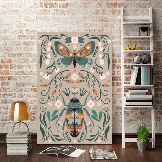 HKM-508371 Modern Classic Wood Frame Canvas Wall Art with Floral and Butterfly Design for Girls' Bedrooms