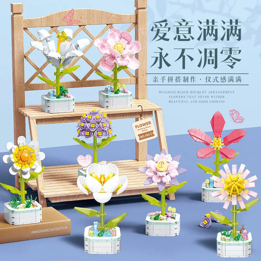 HKM-510419 Building Blocks Flower Set - Creative DIY Toy for Kids, Eco-Friendly Flower Potted Plant Construction Puzzle