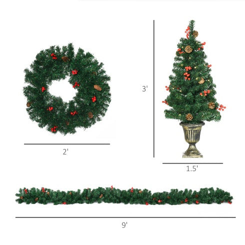 HKM-520403 Prelit Holiday Christmas 4-Piece Set with Wreath, Garland, and Entrance Trees - Warm White LED Lights