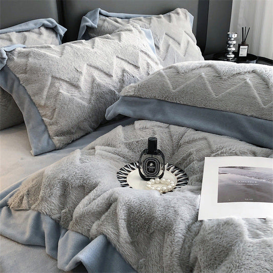 HKM-520787 Luxurious Milk Velvet Duvet Cover Set with Rabbit Hair - 4 Piece Bedding Collection in Multiple Elegant Colors