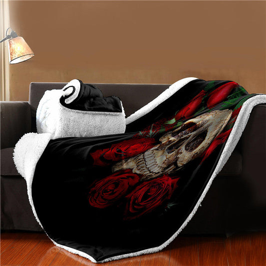 HKM-523091 Double-Layer Coral Fleece Blanket with 3D Skull Design for Sofa & Travel, 150x200 cm
