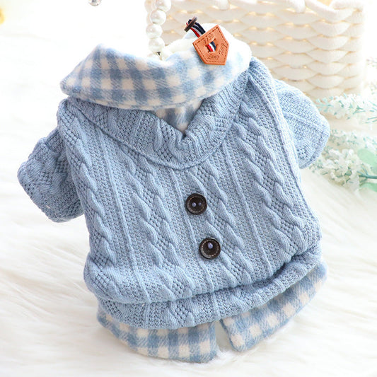 HKM-524819 Warm Fleece-Lined Cotton Dog Sweater in Blue and Pink Wool Plaid Design