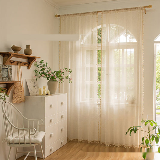 HKM-531539 Bohemian Lace Cotton Linen Texture Semi-Sheer Curtain in Various Sizes
