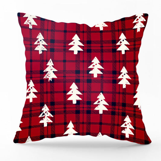 HKM-540435 Modern Linen Santa Plaid Print Pillowcase - 45x45cm, Leaf Pattern, No Pillow Insert Included