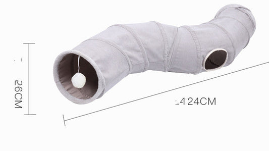 HKM-544339 Gray Suede Foldable Cat Tunnel Toy for Playful Kitties