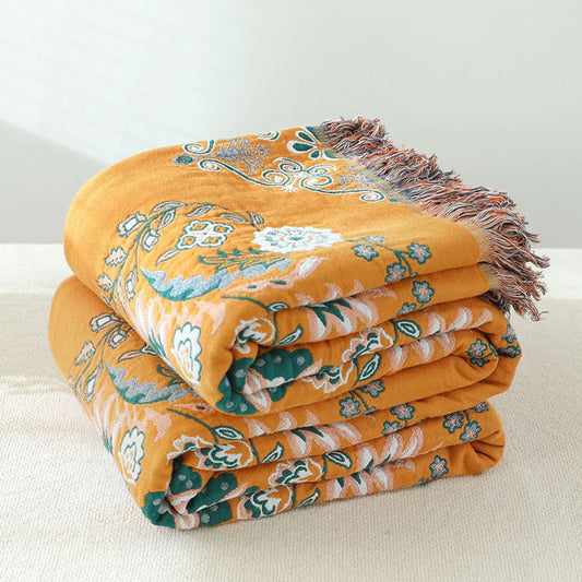 HKM-549267 European Style Cotton Gauze Fringed Sofa Cover in Yellow Orange with Floral Pattern, 150x200cm and 200x230cm Options