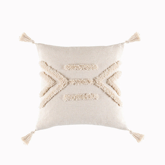HKM-549331 Bohemian Geometric Tufted Cushion Cover with Tassels - Apricot Cotton Pillow Cover 45x45cm