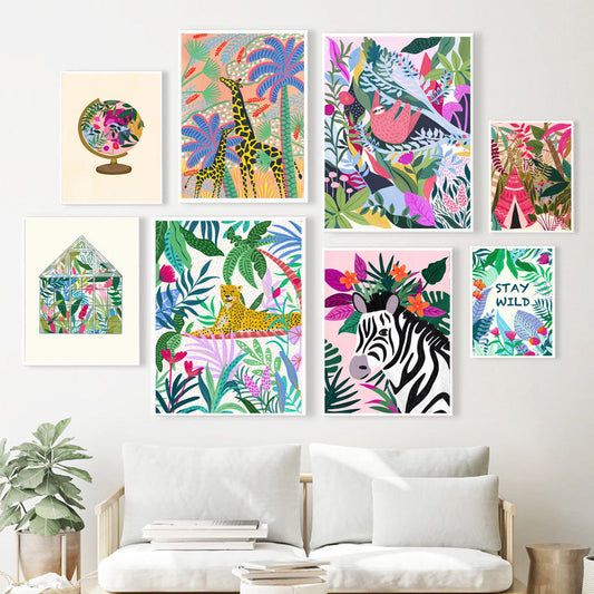 HKM-552403 Tropical Jungle Koala and Tiger Leopard Flower Canvas Wall Art