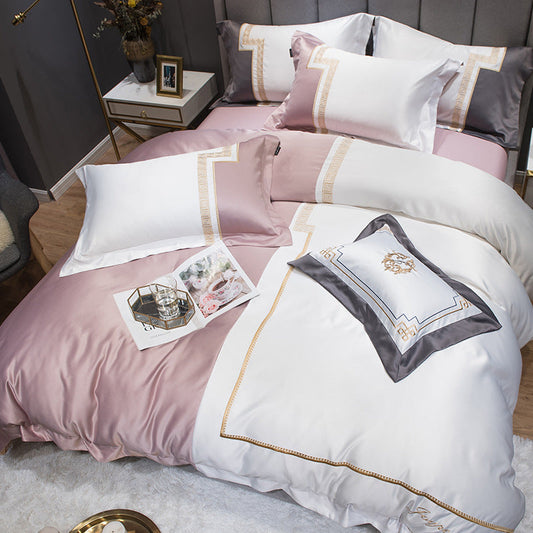 HKM-558163 Italian Light Luxury Four-Piece Cotton Bedroom Set in Dark Gray with Striped Design