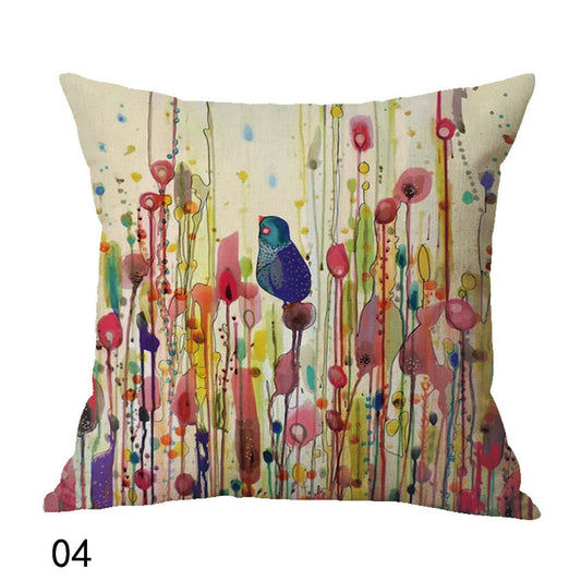 HKM-559379 Bird Pattern Linen Cushion Cover, 45x45cm, Oil Painting Design