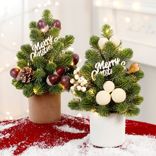 HKM-561107 Mini Desktop Christmas Tree with LED Pine Cone Ornaments, 32cm, Plastic, Red/Champagne/Dark Brown