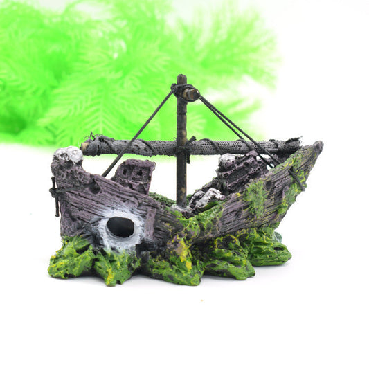 HKM-564435 Small Net Boat Aquarium Decoration - Eco-Friendly Resin Fish Tank Accessory