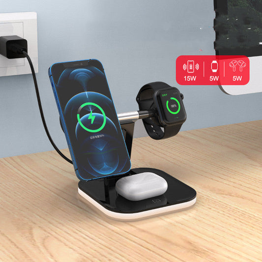 HKM-574035 3-in-1 Magnetic Wireless Charging Stand for Mobile Devices, Smartwatch, and Headset - Fast Charge Compatible, TYPE-C Interface