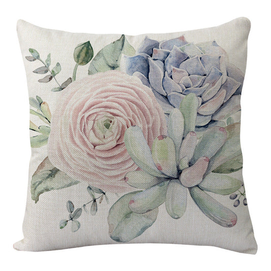 HKM-577811 Flowers and Birds Floral Linen Lumbar Pillow for Car and Sofa - 45x45cm (Pillowcase Only)