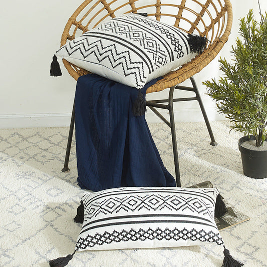 HKM-584403 Nordic Chenille Geometric Throw Pillow with Jacquard Tassel in Black and White - Available in Two Sizes