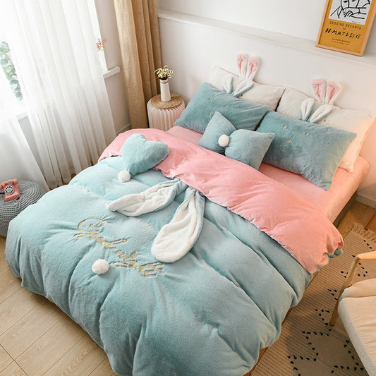 HKM-586451 Velvet Princess Style Baby Bedding Set - Duvet Cover, Bed Sheets, and Pillowcases in Cartoon Patterns
