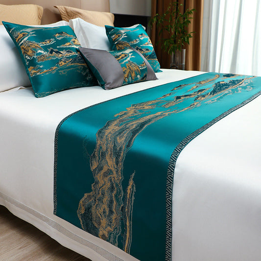 HKM-589459 Chinese Style Landscape Bed Runner and Pillow Set in Sun Orange, Platinum Gray, Imperial Blue, Royal Green, Volcanic Gold - Various Sizes Available